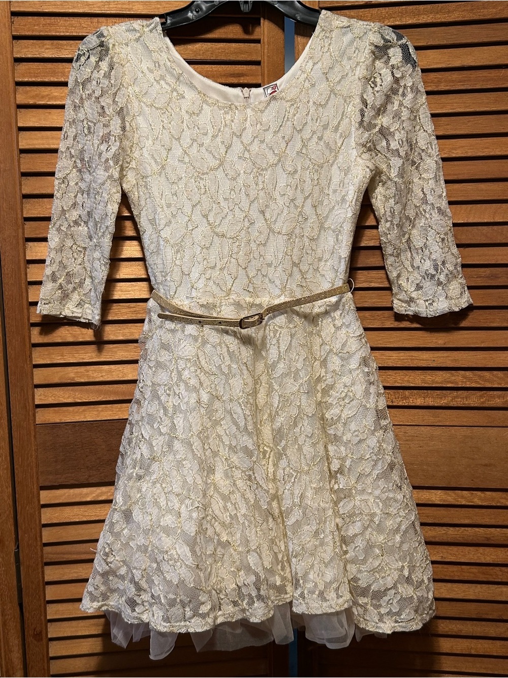 Knitworks Cream & Gold Lace Party Dress with Gold Metallic Belt
